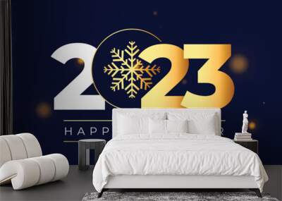 happy new year 2023 banner with golden snowflake and confetti Wall mural