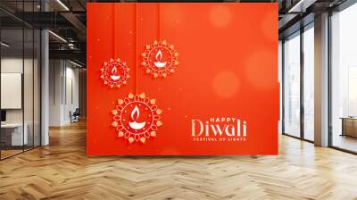 orange diwali festival card with hanging diya lamps Wall mural