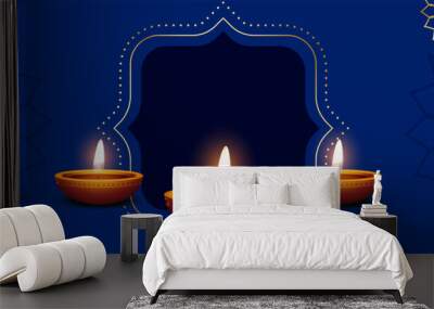 realistic glowing diwali diya blue banner with text space Wall mural