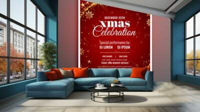 red sparkle merry christmas flyer poster template design Wall mural