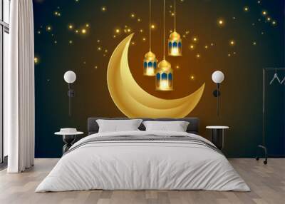 shiny eid mubarak invitation card with 3d crescent and lamp Wall mural