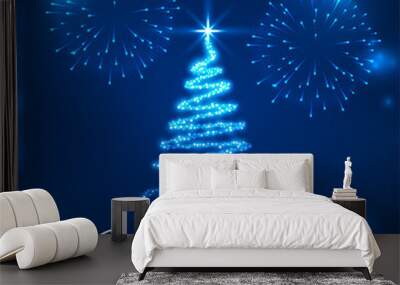 sparkling blue merry christmas tree with firework greeting card design Wall mural