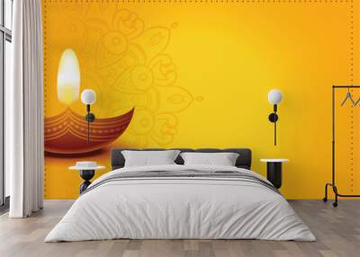 yellow happy diwali background with text space and lamp design Wall mural