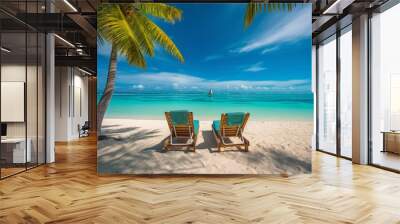 beautiful tropical beach with white sand and two sunbeds framed with palms. Bright crystal clear see. tropical vacation. High quality photo Generative AI Wall mural