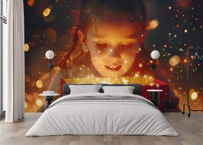 Child girl opening present box with golden light and sparkles. christmas anniversary day gift. High quality photo Wall mural