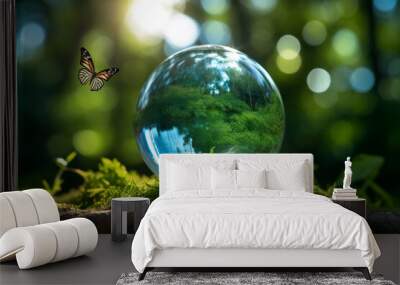 ESG green energy sustainable industry. World environment day concept.Globe Glass with butterfly. circular economy renewable energy . sustainable development goals.Environmental protection renewable Wall mural