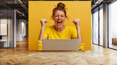 Excited happy caucasian woman feeling winner rejoicing online win got new job opportunity, overjoyed motivated mixed race girl student receive good test results on laptop celebrating admission. High Wall mural