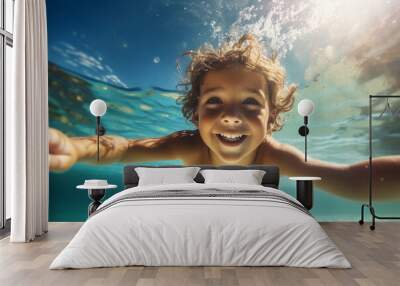 Happy kid swimming underwater and having fun. Happy childhood and summer vacation. High quality photo Wall mural