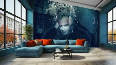 Man with a headache futuristic design, overthinking, need for artificial inteligence Wall mural