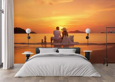 newlywed couple in white enjoying sunset on the sandy tropical beach. Travel and honeymoon concept. High quality photo Generative AI Wall mural