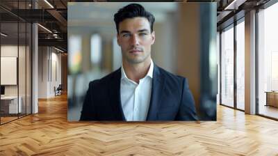 Portrait of young caucasian man with black hair and blue eyes dressed in corporate business wear, suit, standing confidently in the board meeting room. High quality photo Wall mural