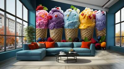 Various of ice cream flavor whit fresh blueberry, strawberry, kiwi, lemon, vanilla setup on rustic background . Summer and Sweet cold ice cream. High quality photo Wall mural