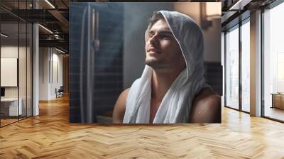 young man with a towel after shower. High quality photo Wall mural