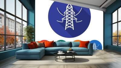 Round icon of power transmission pole. Flat style illustration with long shadow in five variants background color Wall mural