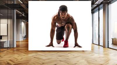 Muscular shirtless handsome young black man ready to sprint and run in studio shot, isolated on white Wall mural