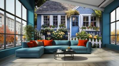 A cottage with a charming blue exterior and a flowers AI generated Wall mural