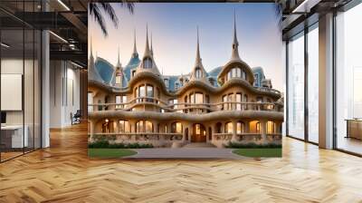 Illustration of an Art Nouveau style mansion on a tropical island - AI Generated Wall mural