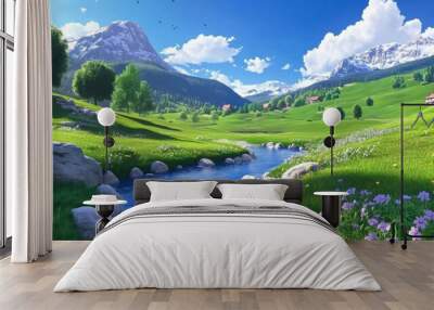 A beautiful painting of a river in the middle of some green grass, AI Wall mural