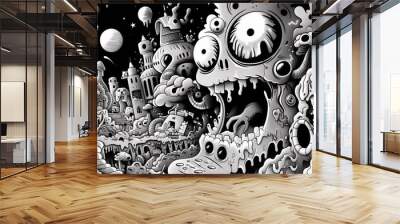 A black and white drawing of a monster with eyes, AI Wall mural