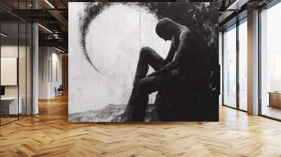 A black and white painting of a man sitting on the ground, AI Wall mural