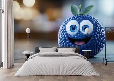 A blue fruit with a mouth and eyes made of icing, AI Wall mural