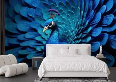 A blue peacock with its feathers spread out, AI. Paper crafted origami Wall mural