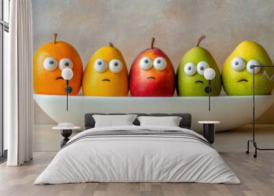 A bowl of fruit with eyes and googly mouths on them, AI Wall mural