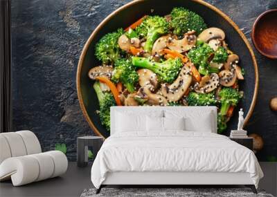 A bowl of stir fry with broccoli and mushrooms in it, AI Wall mural