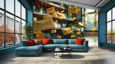 A bunch of yellow envelopes are flying out from a table, AI Wall mural