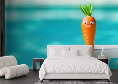 A carrot with a face drawn on it sitting next to the pool, AI Wall mural