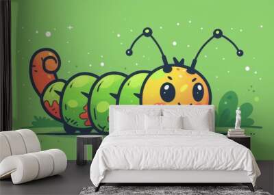 A cartoon caterpillar with green and orange spots, AI Wall mural