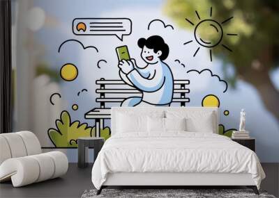 A cartoon drawing of a man sitting on the bench with his phone, AI Wall mural