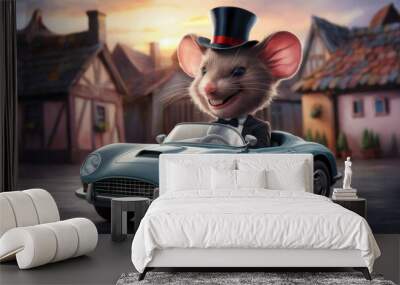 A cartoon mouse in a top hat driving an old car, AI Wall mural