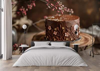 A chocolate cake on a wooden stand with flowers and branches, AI Wall mural