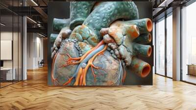 A close up of a model heart with blood vessels and veins, AI Wall mural