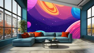 A colorful painting of planets in space with a blue sky, AI Wall mural