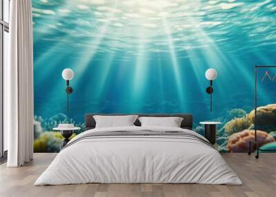 A coral reef with sunlight shining through the water, AI Wall mural