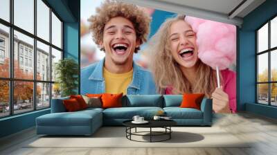 A couple of a man and woman are smiling while holding cotton candy, AI Wall mural