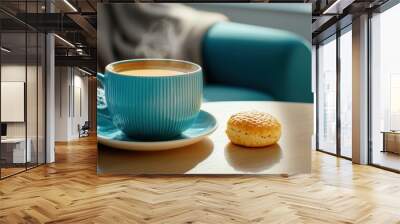 A cup of coffee and a biscuit on the table, AI Wall mural