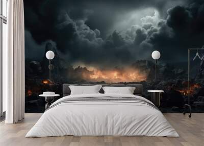 A dark and stormy scene with a fire and rocks, AI Wall mural