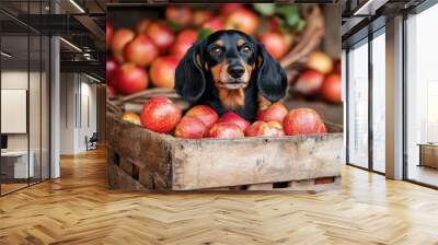 A dog sitting in a wooden crate full of apples, AI Wall mural