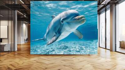 A dolphin swimming in the ocean under blue water, AI Wall mural