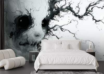 A drawing of a creepy looking face with black eyes, AI Wall mural