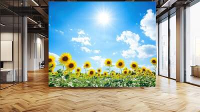 A field of sunflowers with a bright blue sky in the background, AI Wall mural