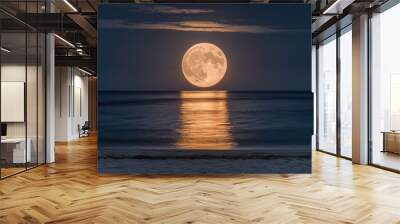 A full moon rising over the ocean with a beach in view, AI Wall mural