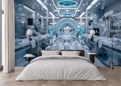 A futuristic medical facility with a robot in the middle of it, AI Wall mural