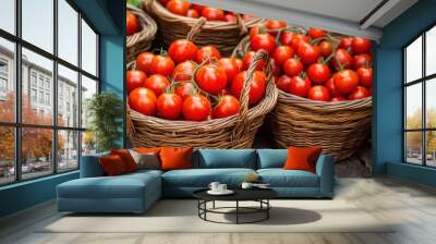 A group of baskets filled with tomatoes are sitting on a table, AI Wall mural