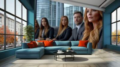 A group of business people sitting at a table with one woman in the middle, AI Wall mural