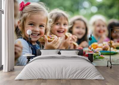 A group of children eating food at a picnic table, AI Wall mural