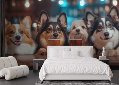 A group of dogs are sitting around a table with glasses, AI Wall mural